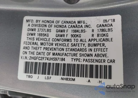 2018 Honda Civic Ex z USA, uszkodzony, nr VIN 2HGFC2F74JH597184